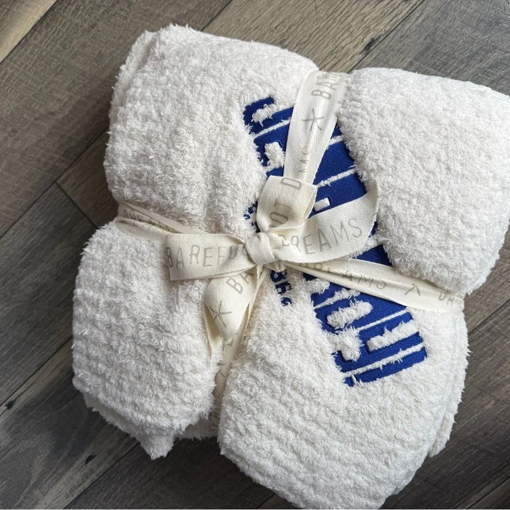 NWT Jeopardy! Barefoot Dreams Cream Throw Blanket Blue Lettering